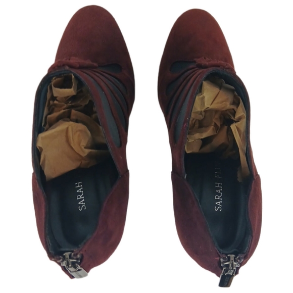 Sarah Flint Burgundy Blake Ankle Boots Suede Booties Mesh Cutouts Pumps Heels - Picture 6 of 15